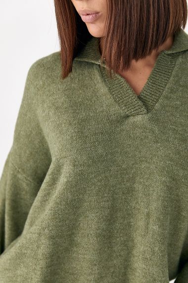 В'язаний однотонний светр-поло - хакі цвет, ONE SIZE (є розміри) | Зображення 3