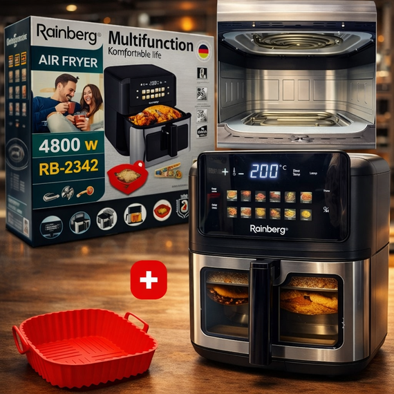 Аерогриль Rainberg RB 2342 4800W аерофрітюрниця безмасляна для приготування без олії з 2 Тенами 12,5 л та сенсорним керуванням | Зображення 4
