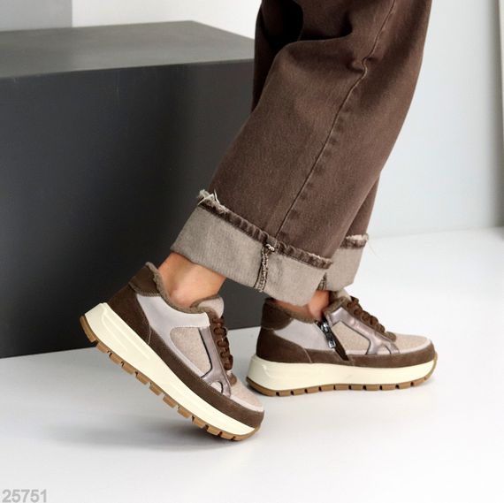 Дизайнерські комбіновані фетрові зимові кавово-бежеві кросівки | Зображення 5