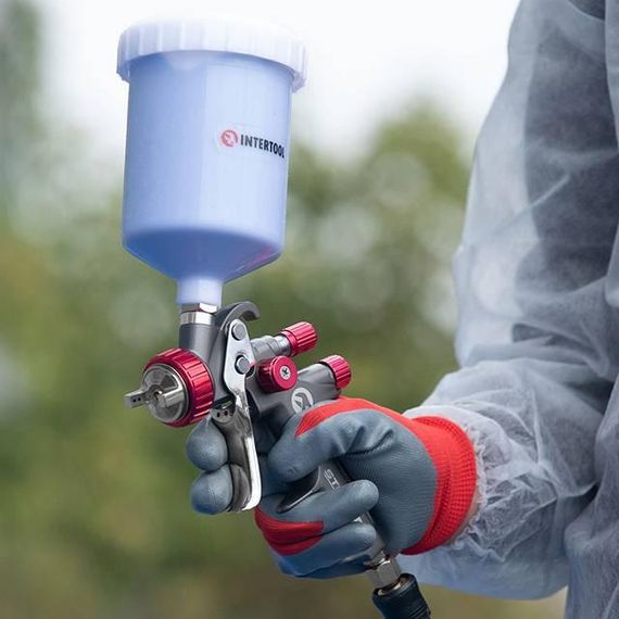 Рукавичка трикотажная червона, вкрита сірим нітрилом на долоні, 10" INTERTOOL SP-0124 | Зображення 3