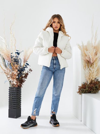 Жіноча тепла стьобана коротка зефірка куртка на блискавці з капюшоном розмір 48/50 колір білий UH270 | Зображення 3