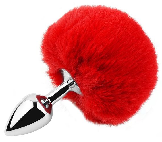 Анальная пробка с хвостом EGZO - Bunny Tail Silver Plug Red, size S Sex Aura