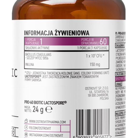 Энзимы для спорта OstroVit Pharma PRO-60 BIOTIC LactoSpore 60 Caps | Зображення 1