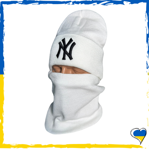 Комплект белый New Yorker шапка и бафф на флисе унисекс. Набор теплый. Мужской, женский, подростковый, детский