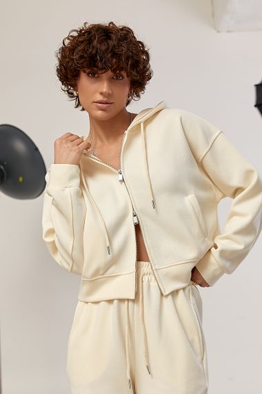 Спортивний костюм в дрібний рубчик з прямими штанами та худі на блискавці - кремовий цвет, L (є розміри) | Зображення 2