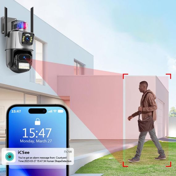 Вулична охоронна WIFI камера відеоспостереження 8MP, з сиреною Dual Lens / Поворотна IP відеокамера з віддаленим доступом | Зображення 3