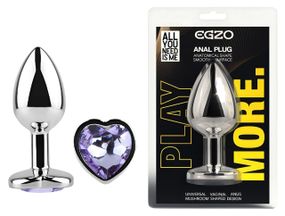 Анальна пробка EGZO Silver Heart Plug Amethyst M, срібляста, з фіолетовим аметистом Sex Aura