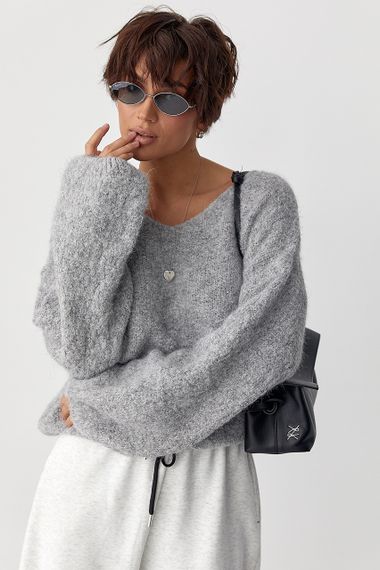 Мохерова кофта з V-подібним вирізом - світло-сірий цвет, ONE SIZE (є розміри) | Зображення 4