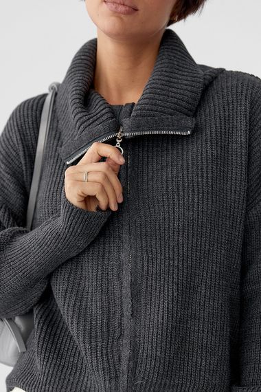 Укорочений кардиган на блискавці з довгим коміром - темно-сірий цвет, ONE SIZE (є розміри) | Зображення 3