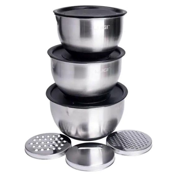 Набір мисок з нержавіючої сталі з кришками і терками салатники з нержавійки 3 штуки 2.5 л/2 л/1.5 л LG-02/3PCS | Зображення 3