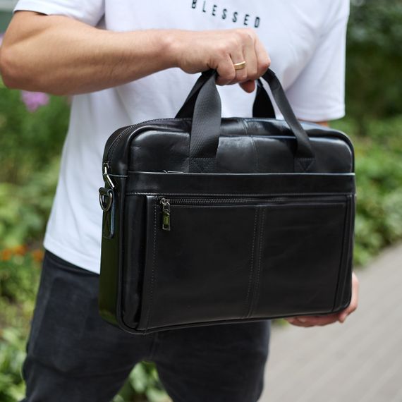 Шкіряна чоловіча сумка-портфель 38х28х8, сумочка для роботи та щоденних справ, чоловічий шопер, чорна | Зображення 1