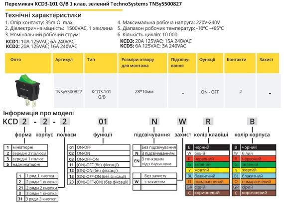 Перемикач KCD3-101 G/B 1 клавіша зелена Ny95500827 | Зображення 1