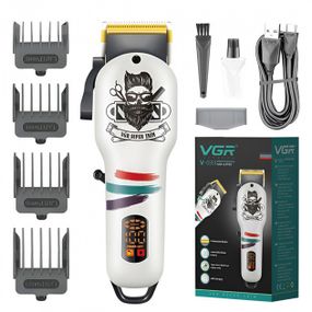 Машинка для стрижки волосся та бороди професійна VGR V-699 з насадками та LED дисплеєм. Колір: білий