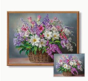 Набір для вишивання хрестиком JOZYSH «Квіткова палітра в кошику» 14CT, 30x40 см, канва Аїду з нанесеним малюнком