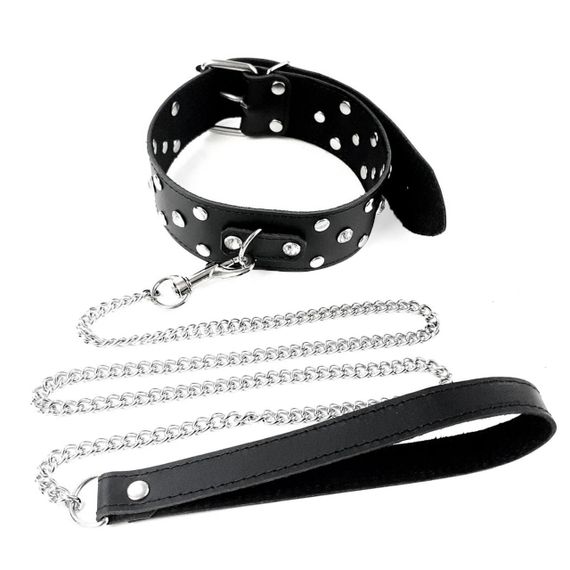Ошейник с поводком из натуральной кожи с заклепками Art of Sex - Jenna Collar with Leash, черный Sex Aura | Зображення 1