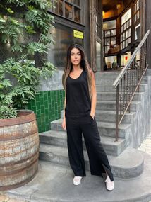 Женский летний брючный костюм с топом лен-жатка DK213 цвет черный, размер 42/44