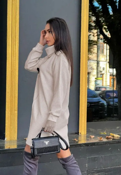 Женское теплое платье из двухсторонней ангоры с поясом GF08566 цвет бежевый, размер 46/48 | Зображення 2