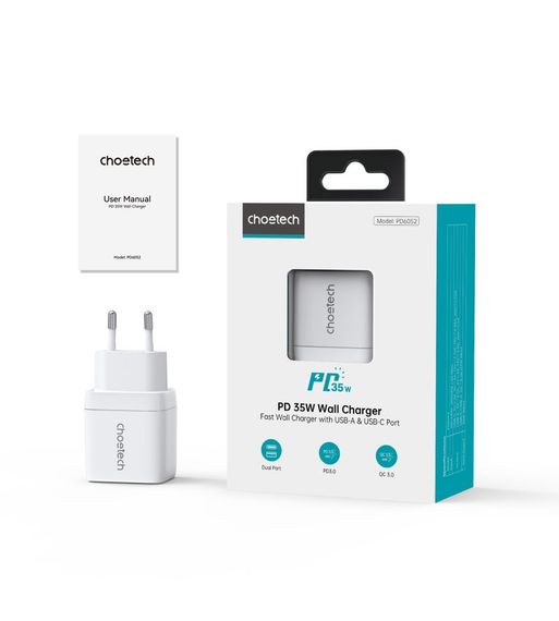 Мережевий зарядний пристрій Choetech PD6052-EU-WH, USB-A/USB-С | Зображення 2