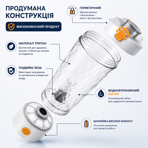 Электрический шейкер 650 мл с LED подсветкой и контейнером для смеси, Белый | Зображення 9