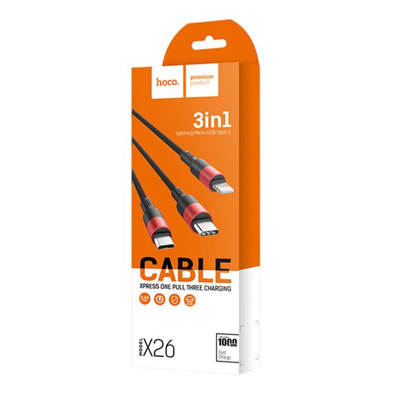 Кабель HOCO X26 USB-1 3 in 1 Micro/Iphone/Type-C, 2A, довжина 1м, Black/Red | Зображення 2