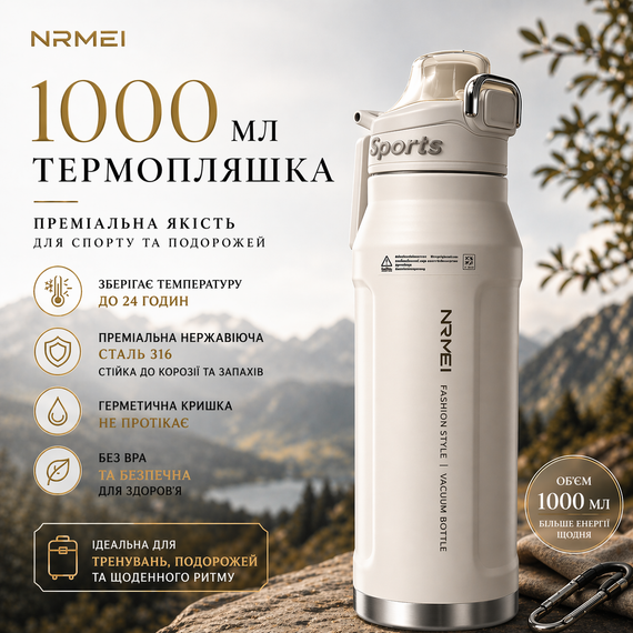 Спортивная термобутылка NRMEI 1000 мл (кремовая/белая) - Вакуумная термобутылка из нержавеющей стали Fashion Style для тренировок