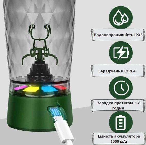 Зелений шейкер, що заряджається, 650 мл з LED-підсвічуванням і контейнером для суміші | Зображення 1