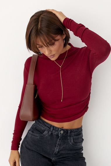 Жіноча однотонна водолазка з драпіруванням - бордо цвет, S (є розміри)