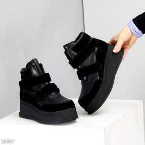 Черные зимние ботинки сникерсы на липучках натуральная кожа + замша 38