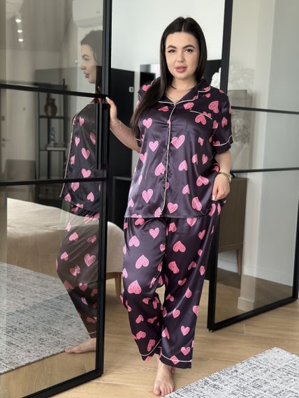 Піжама PLUS SIZE чорна у сердечко з сорочкою та штанами | Зображення 1