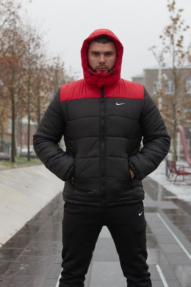 Комплект чоловічий Nike: куртка зимова "Frost" червоно-чорна + штани з тринитки утеплені чорні | Зображення 1