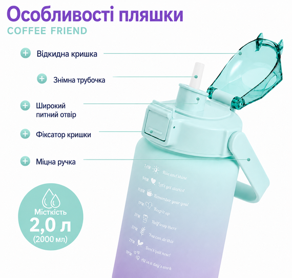 Спортивная бутылка для воды XL (2000 мл) - Бирюзовый матовый градиент | Зображення 4