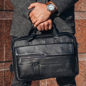 Кожаная мужская сумка-портфель для документов и ноутбука черная МК39848