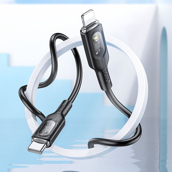 Дата кабель Hoco U120 Transparent explore intelligent power-off PD 27W Type-C to Lightning (1.2m) Black | Зображення 4