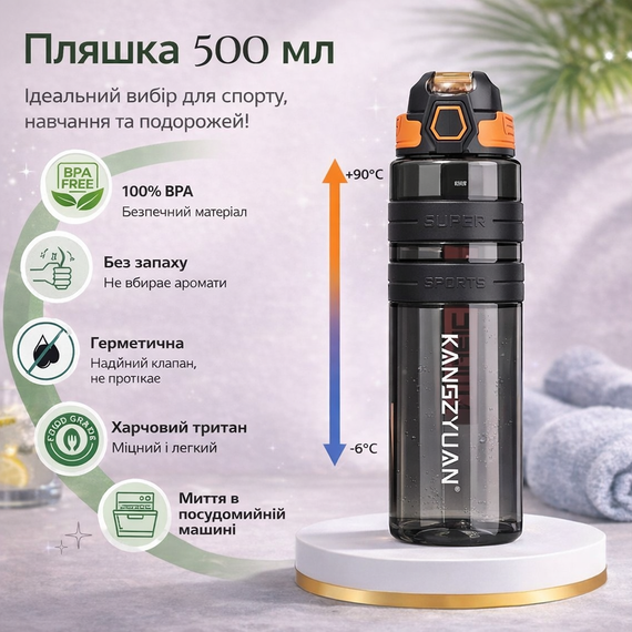 Спортивная бутылка для воды KANGZYUAN 500 мл Черная Тритановая (BPA Free), с клапаном и поилкой | Зображення 1