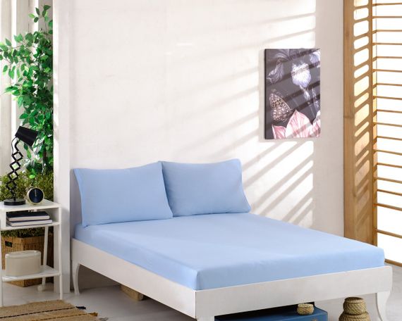 Простынь 90x200см трикотаж (джерси) на резинке с наволочками Голубая