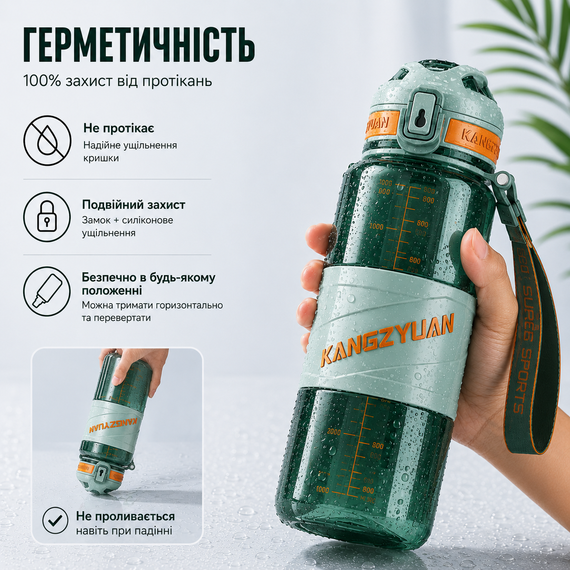 Спортивная бутылка для воды KANGZYUAN 1000 мл Зеленая, Tritan (BPA Free), ударопрочная с ремешком | Зображення 7