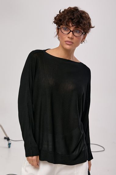 Прозорий вільний лонг із горловиною-човником - чорний цвет, ONE SIZE (є розміри) | Зображення 1