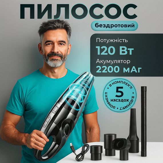 Потужний бездротовий пилосос автомобільний для сухого та вологого прибирання в машині та будинку +5 насадок FY-63