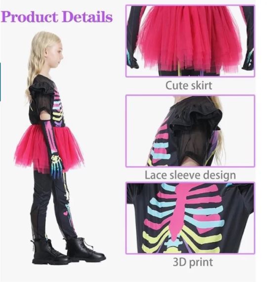 Костюм скелета для дівчинки 110 см 4-5 р комбінезон з принтом кісток, рожевою спідницею рукавичками для Хелловіна | Зображення 1