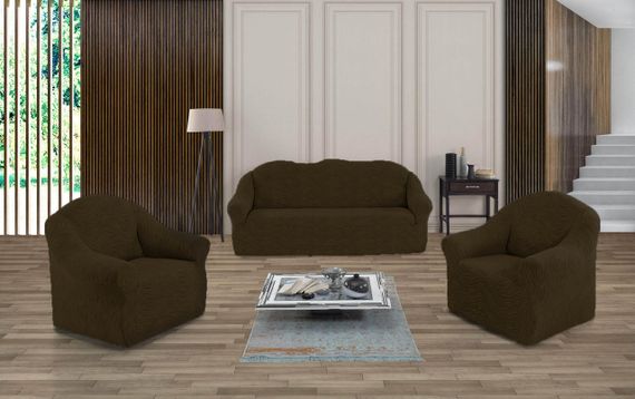 Жаккардовый чехол на диван + 2 кресла Volna без юбки Коричневый