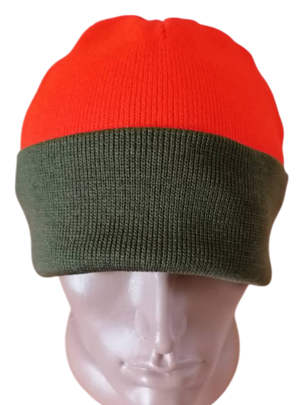 Шапка трикотажна в'язана з підворотом Мисливець двостороння (олива помаранчева),Сигнальна шапка для полювання