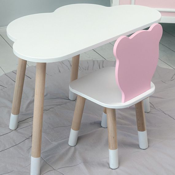 Дитячи білий стіл хмарка і стільчик ведмедик дитячий рожевий. Дитячий столик білосніжний. | Зображення 3