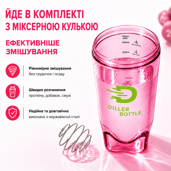 Тритановый шейкер Diller Bottle 700 мл с металлическим шариком (BPA Free) розовый | Зображення 6