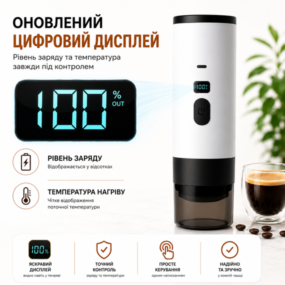 Портативная кофеварка эспрессо с подогревом воды 18 бар аккумуляторная 7800mAh для капсул и молотого кофе. Белая | Зображення 6