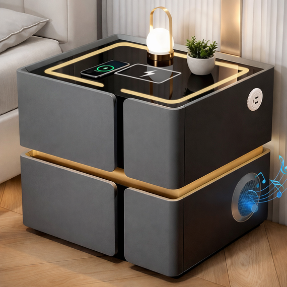 Умная прикроватная тумба SZXF01 с Bluetooth-колонкой, USB и сенсорной подсветкой, 2 выдвижных ящика, МДФ/экокожа, серая | Зображення 4