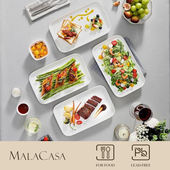 Тарілки порцелянові прямокутні набір 4 шт, велике сервірувальне блюдо біле, таріль 30×18 см для суші, закусок, десертів, MALACASA | Зображення 2