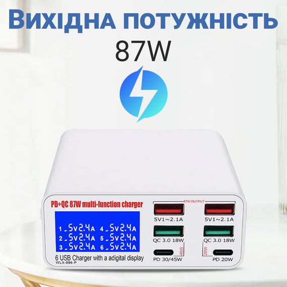 Зарядная станция с дисплеем на 6 портов Addap MCS-896P, мультизарядное устройство с 4×USB-A и 2×Type-C портами, 87W | Зображення 5