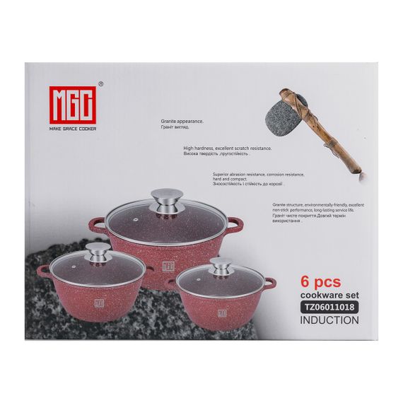 Набір із трьох алюмінієвих каструль із товстим дном та кришками з антипригарним покриттям MGC HP-4-408 | Зображення 5