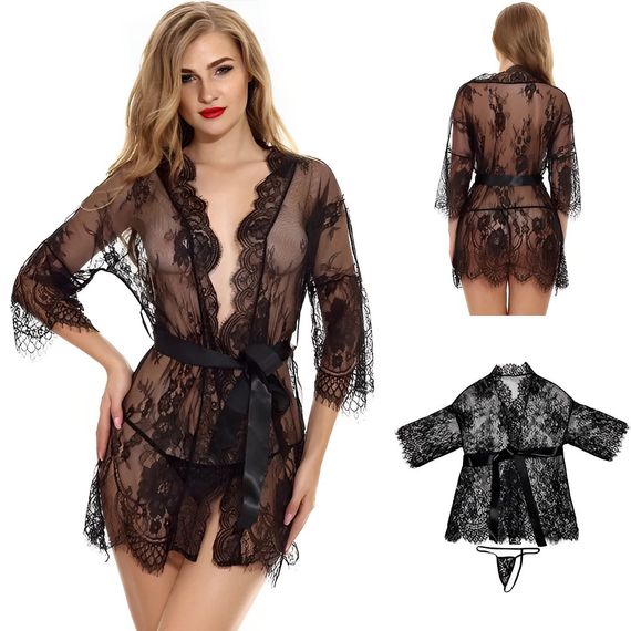 Короткий прозорий еротичний халат чорного кольору (L, XL) | Зображення 8