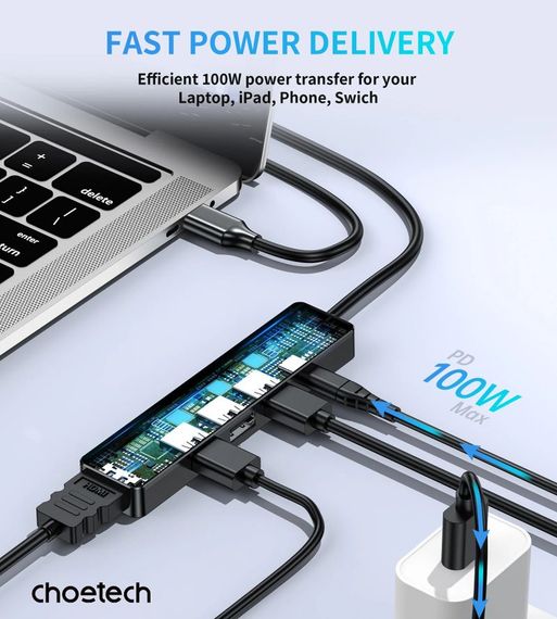 Адаптер Choetech HUB-M80-BK, USB Type-C 5-в-1 | Зображення 1
